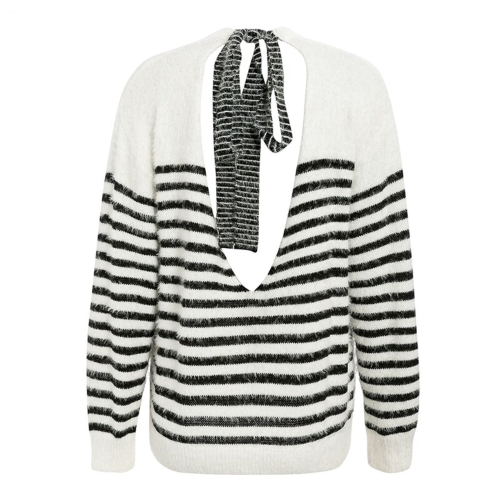 Open Back Fuzzy Striped White & Black Sweater - Picture 4 of 15